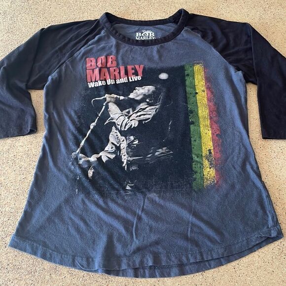 Bob Marley Wake Up and Live gray and black 3/4 sleeve baseball t-shirt - Picture 2 of 14